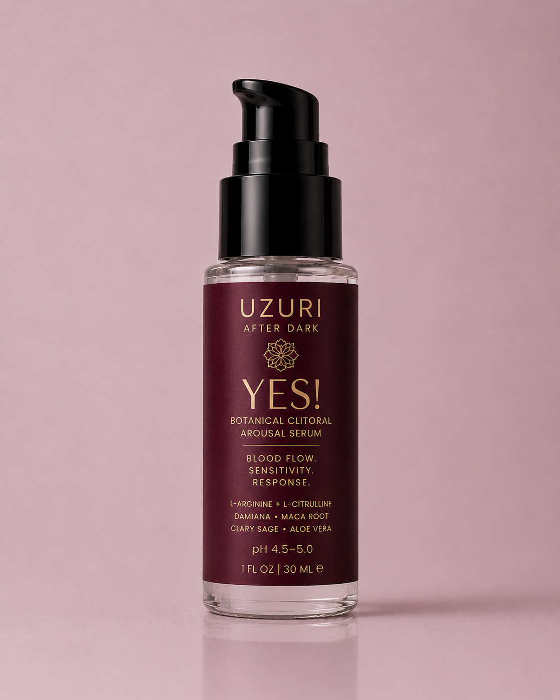 Yes! Clitoral Arousal Serum bottle on a pink background