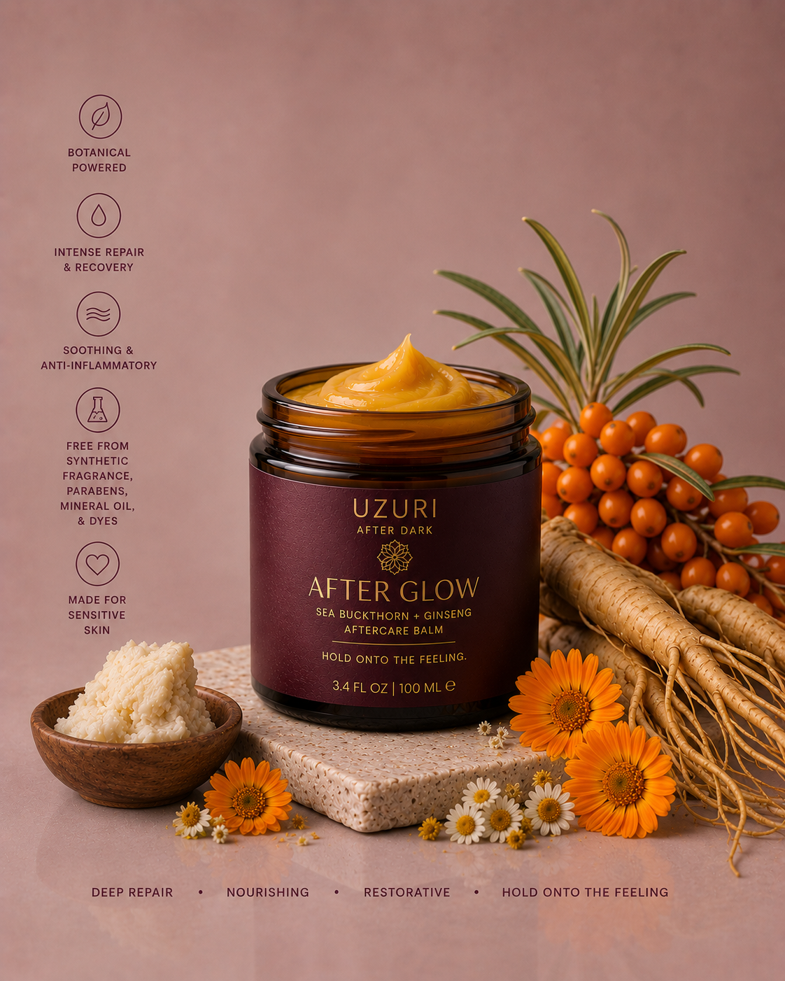 After Glow balm jar with sea buckthorn berries and flowers on a pink background