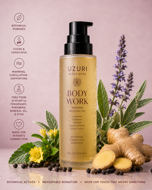 Golden Body Oil in Frosted Glass bottle with botanicals