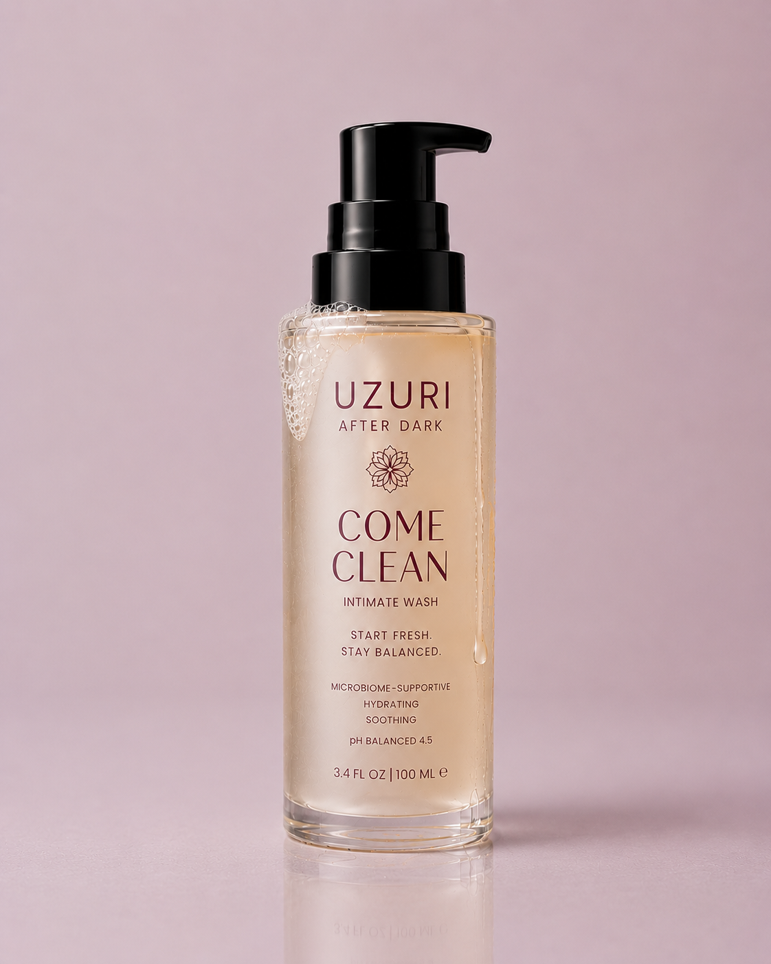 Come Clean intimate wash bottle on a pink background