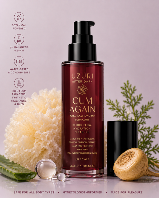 Cum Again lubricant by Uzuri After Dark surrounded by aloe vera leaf, snow mushroom and maca root — natural intimate care ingredients on dark surface