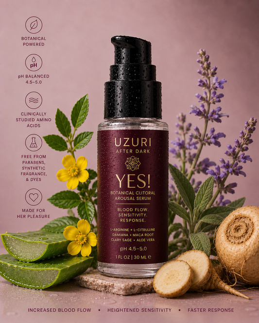 Yes! Clitoral Arousal Serum bottle with natural elements on a pink background